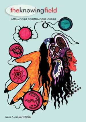 Magazine cover for 'the knowing field' with abstract figure and colorful internal imagery, issue 7, January 2006